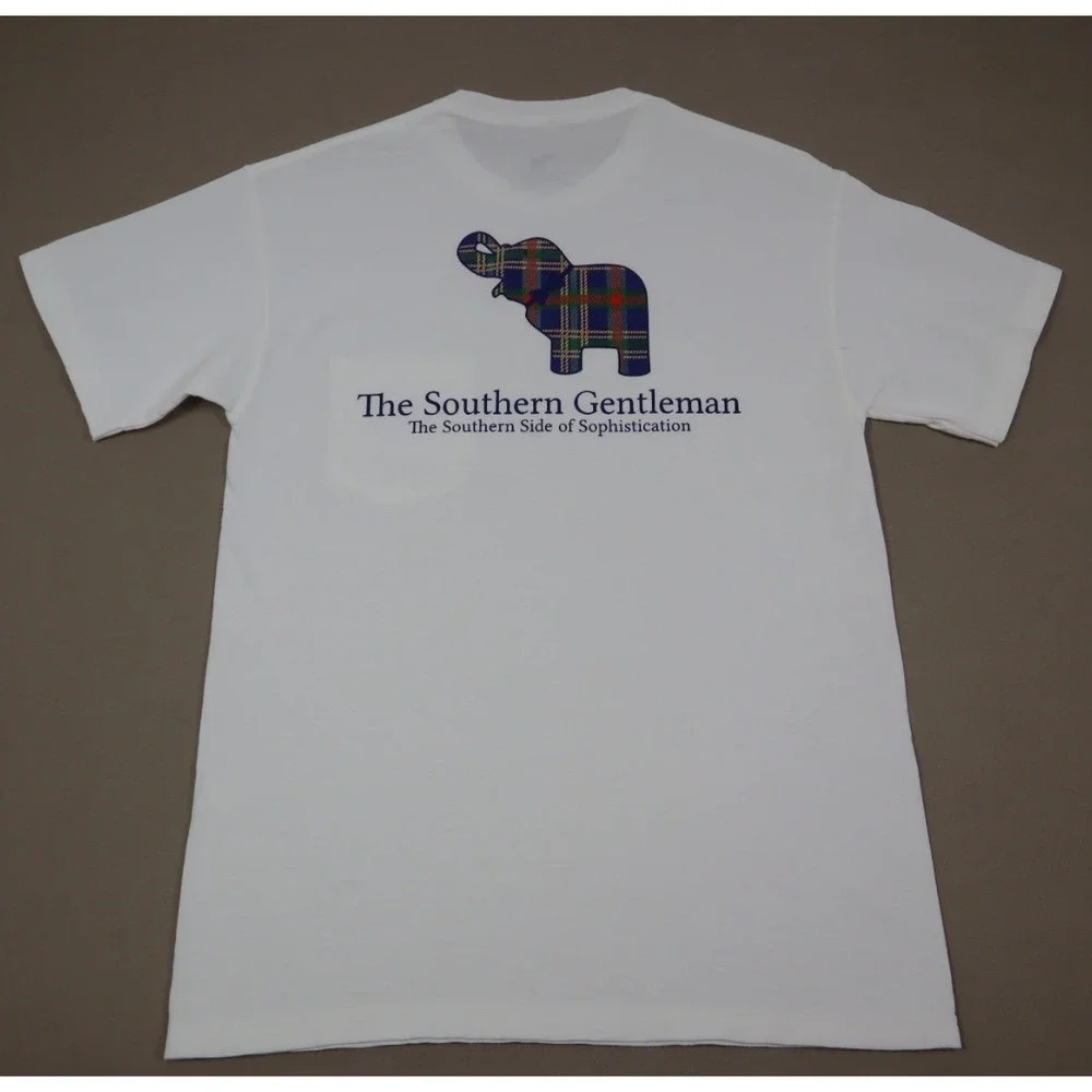 The‎ Southern Gentleman White Pocket Tee with Plaid Elephant Icon - Size M